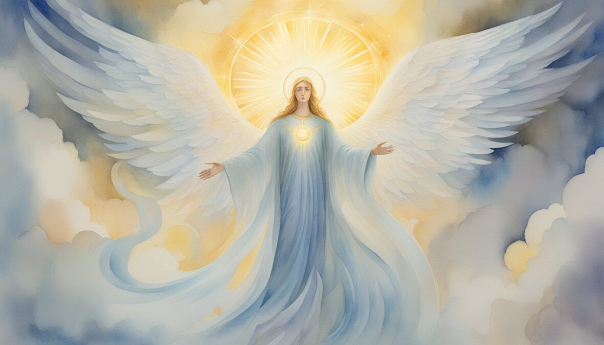 A glowing angelic figure surrounded by the numbers 1227, with a halo above its head and wings outstretched