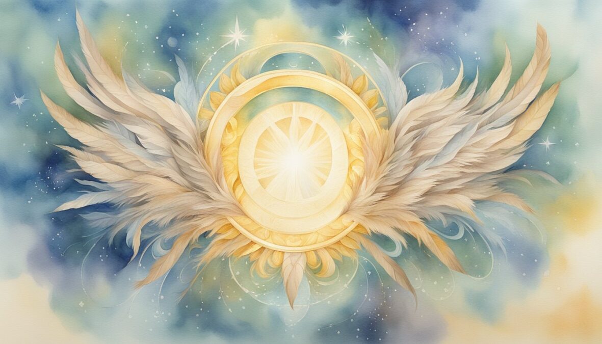 A glowing halo of light surrounds the number 20, with ethereal feathers and celestial symbols swirling around it, conveying a sense of divine guidance and spiritual significance
