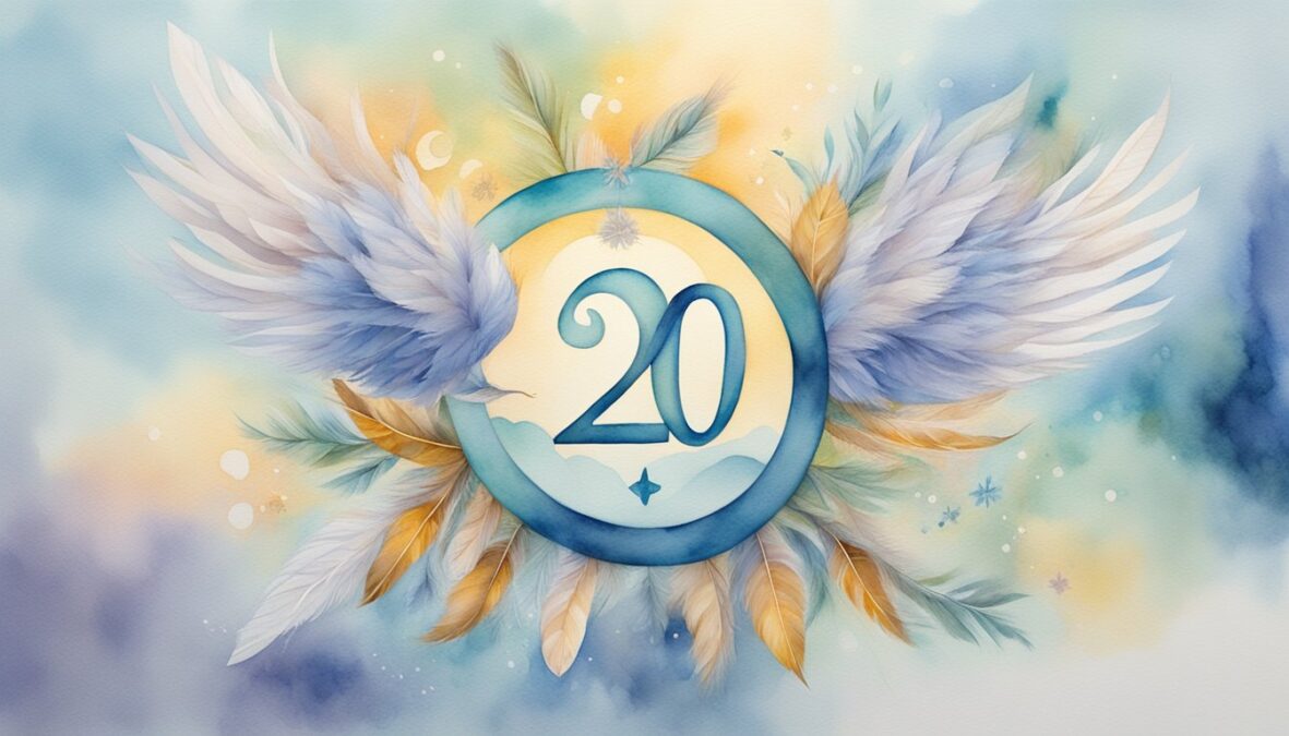 A glowing number "20" surrounded by angelic symbols and feathers, with a sense of peace and guidance emanating from the scene