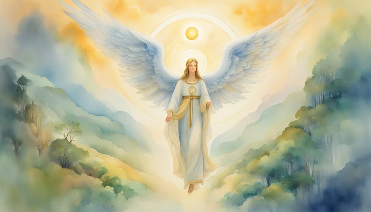 A glowing angelic figure hovers above a serene landscape, surrounded by symbols of guidance and protection
