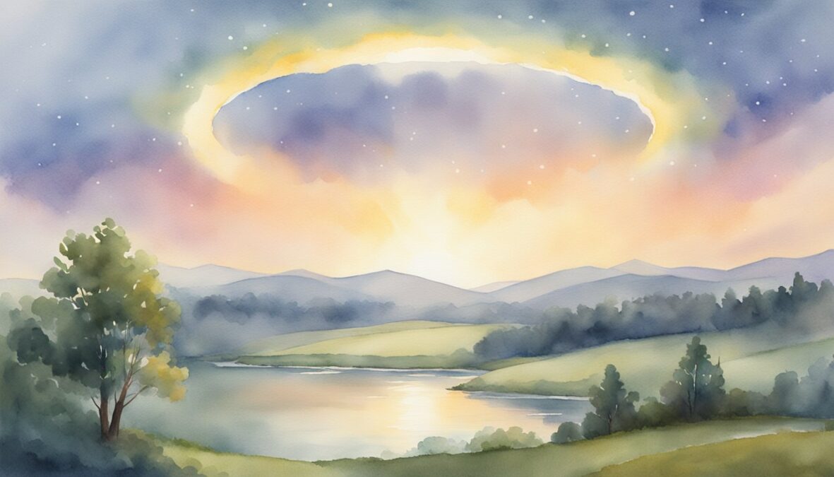 A glowing halo hovers over a serene landscape, with a beam of light shining down from above