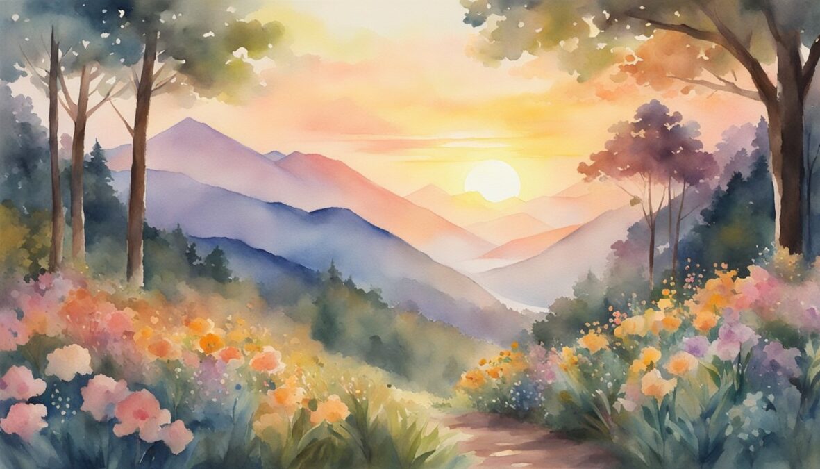 A serene figure stands at the edge of a lush forest, surrounded by blooming flowers and vibrant wildlife.</p><p>The sun sets behind a mountain, casting a warm glow over the scene