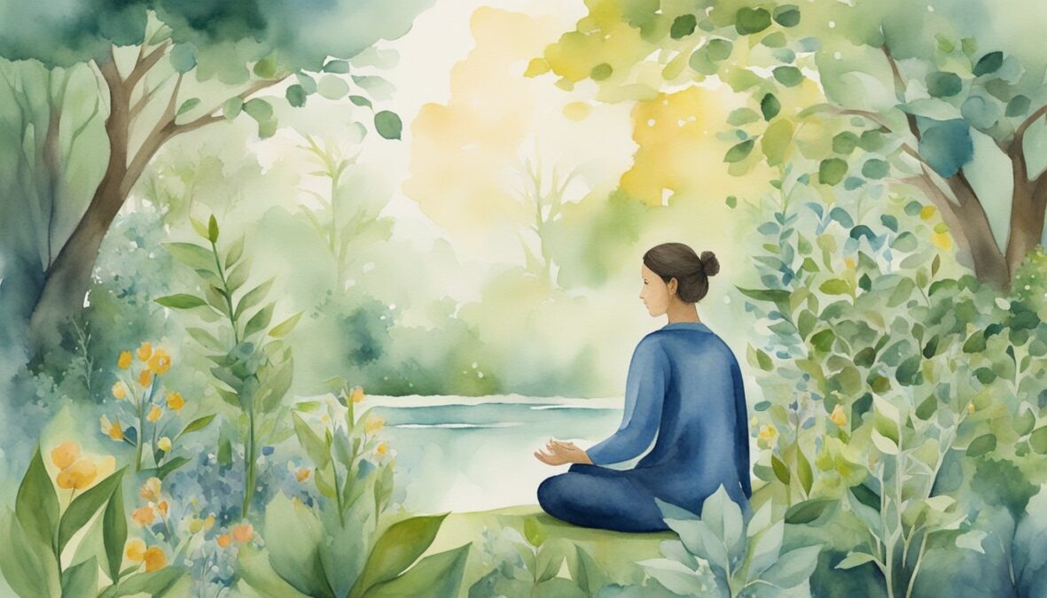 A person meditates in a peaceful garden, surrounded by symbols of growth and transformation.</p><p>The number 312 is subtly integrated into the natural elements