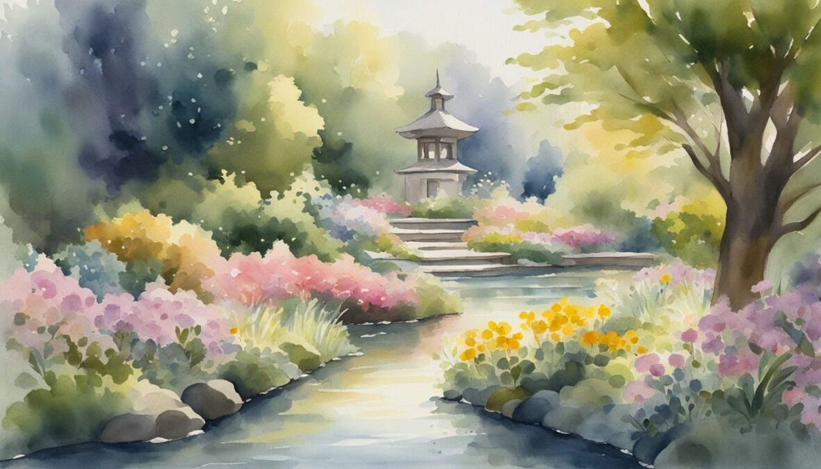 A serene garden with blooming flowers, a flowing stream, and rays of sunlight illuminating a path leading to a tranquil temple
