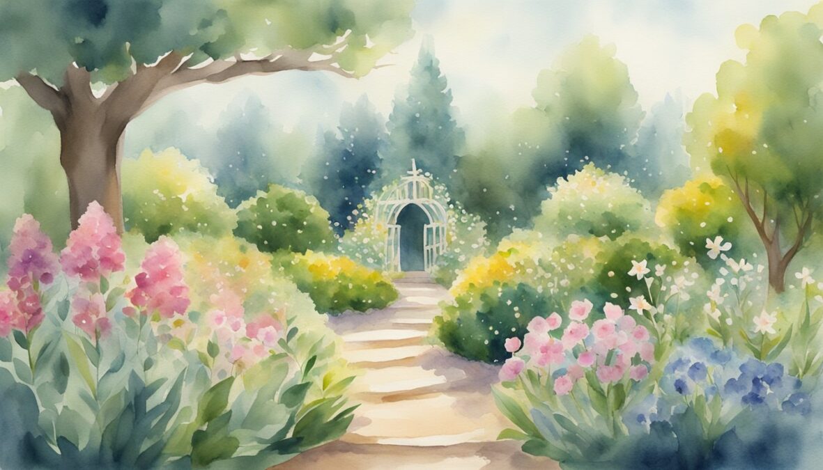 A serene garden with blooming flowers and a glowing halo above the number 327, representing personal growth and spiritual guidance