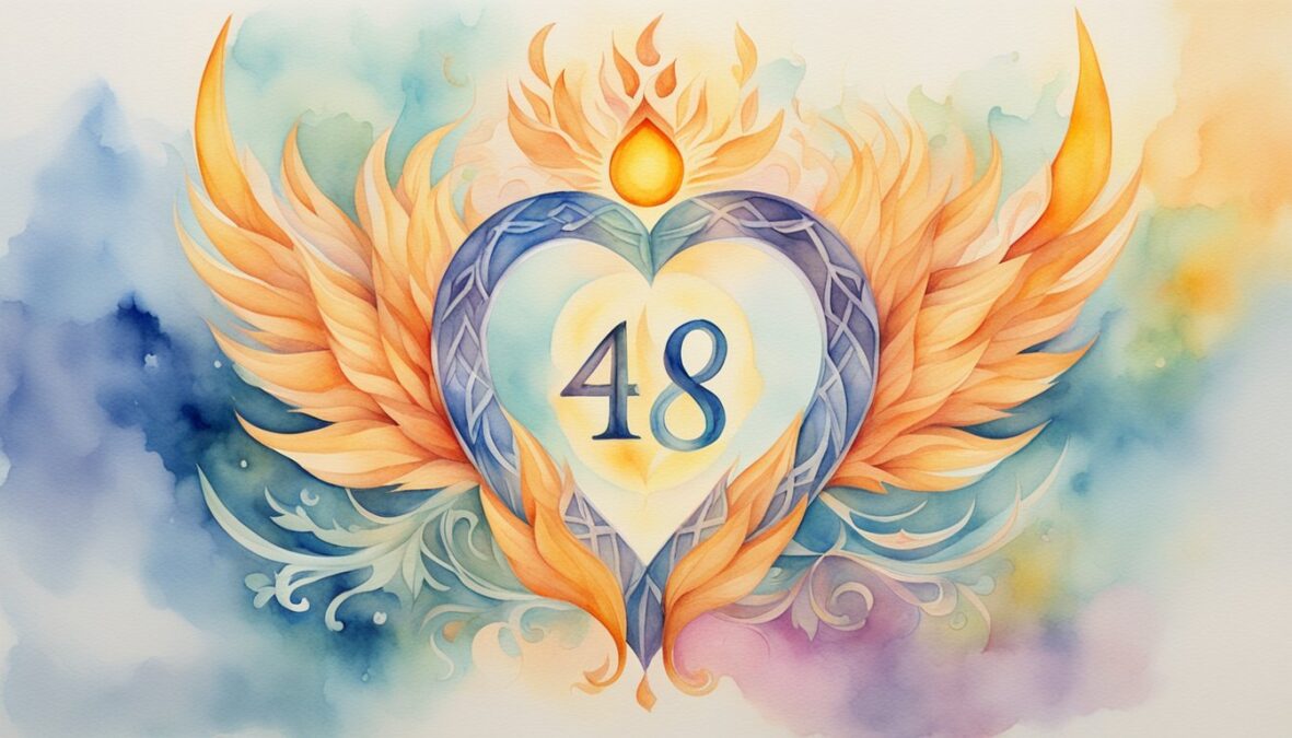 Two intertwined flames surrounded by angelic symbols and the number 48, representing love and twin flames