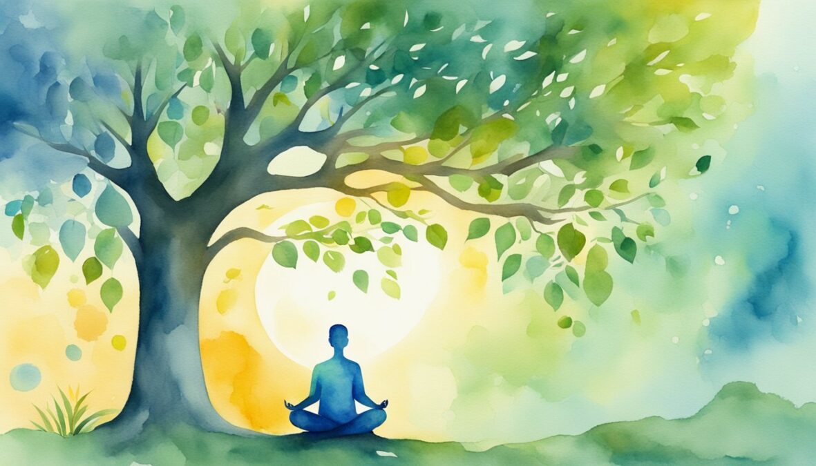 A serene figure meditates under a tree, surrounded by symbols of growth and enlightenment.</p></noscript><p>The number 553 glows above, radiating positive energy