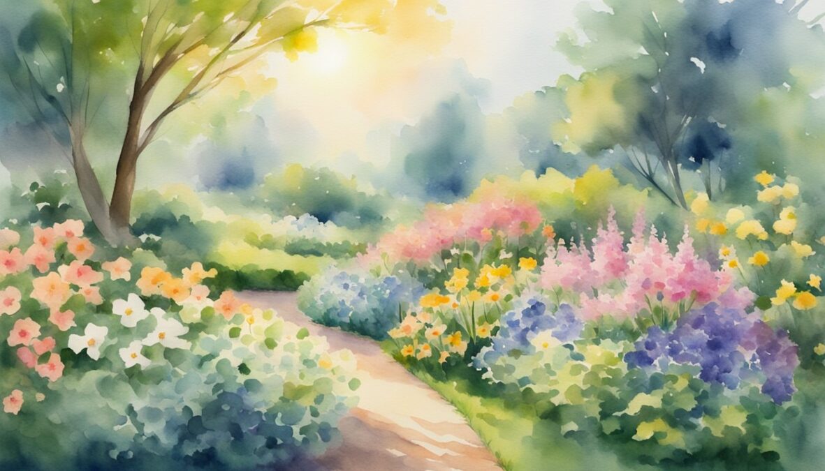 A serene garden with blooming flowers, a gentle breeze, and a radiant sun, radiating a sense of peace and harmony