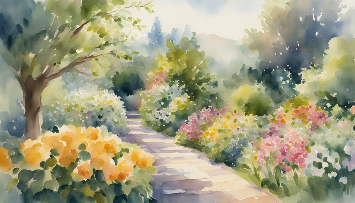A lush garden with blooming flowers, overflowing fruit trees, and a radiant sun shining down, while a gentle breeze carries a sense of peace and contentment