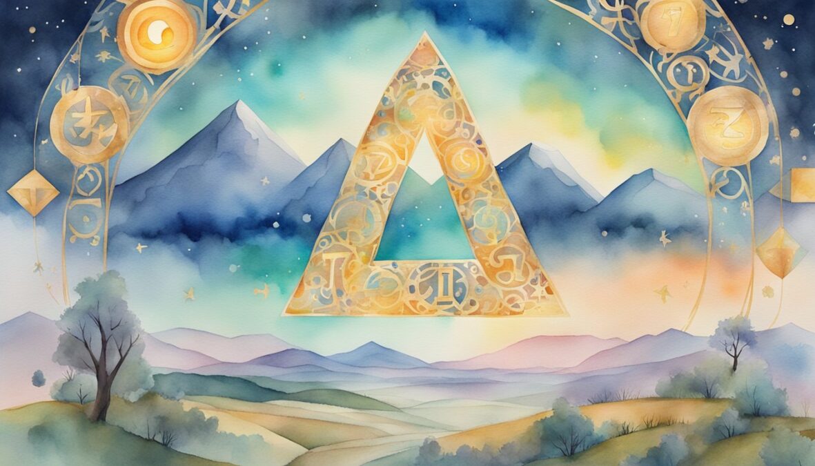 A glowing number 721 hovers above a serene landscape, surrounded by symbols of wisdom and guidance