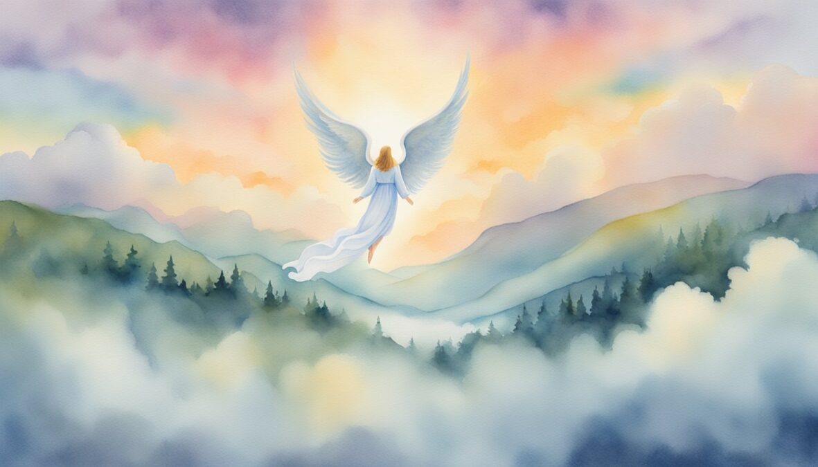 A glowing "721" angel number hovers above a serene landscape, surrounded by celestial light and gentle clouds