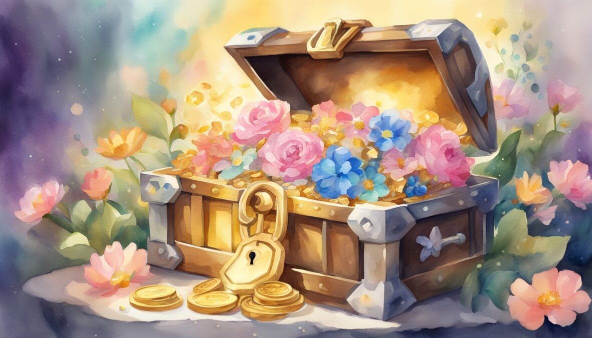 A golden key unlocking a treasure chest overflowing with coins and jewels, surrounded by blooming flowers and radiant beams of light