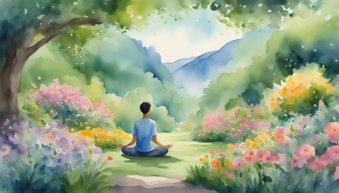 A person meditates in a serene garden, surrounded by blooming flowers and lush greenery, while the number 917 glows brightly in the sky above