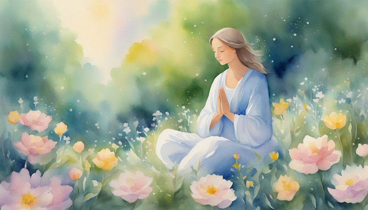 A serene figure meditates in a garden, surrounded by blooming flowers and a gentle breeze.</p></noscript><p>The 917 angel number glows in the sky, radiating positive energy