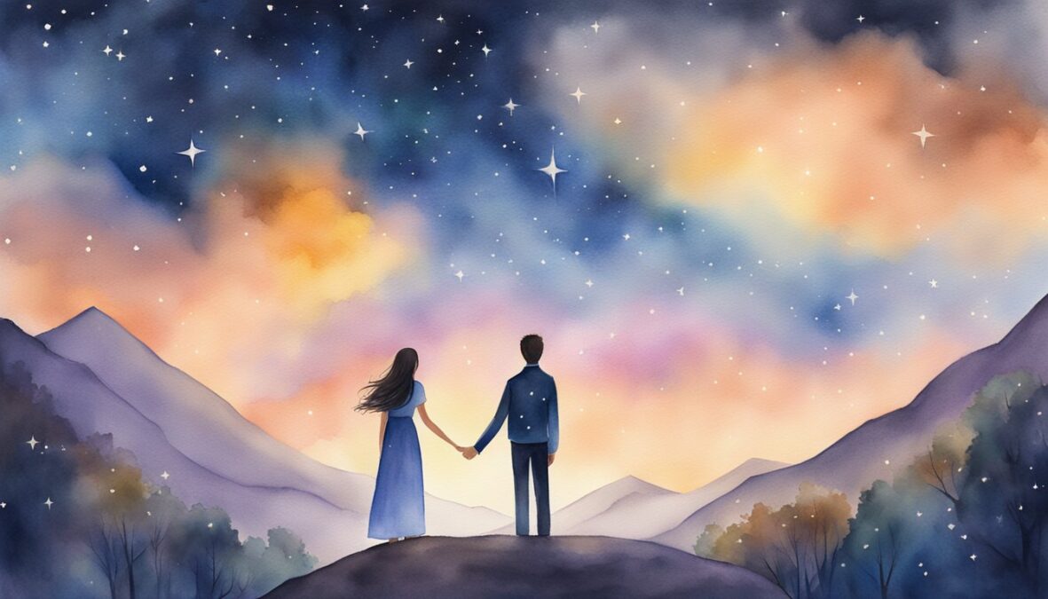 A couple stands beneath a starry sky, surrounded by the glow of 927 angel number, symbolizing love and relationships