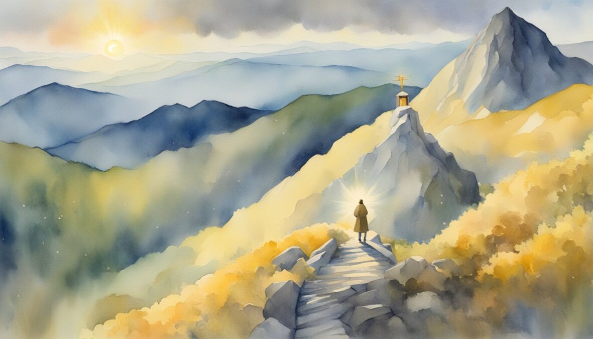 A figure stands atop a mountain peak, surrounded by a glowing halo.</p><p>A path leads to a golden door, inscribed with the numbers 927