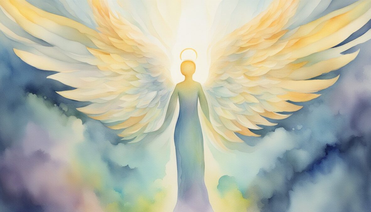 A glowing 104 angel number hovers above a stack of frequently asked questions, emitting a sense of guidance and reassurance