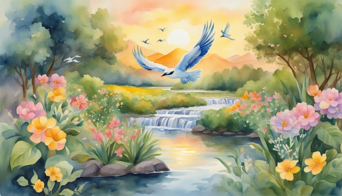Sunrise over a lush landscape with a flowing river, blooming flowers, and soaring birds, surrounded by symbols of growth and prosperity