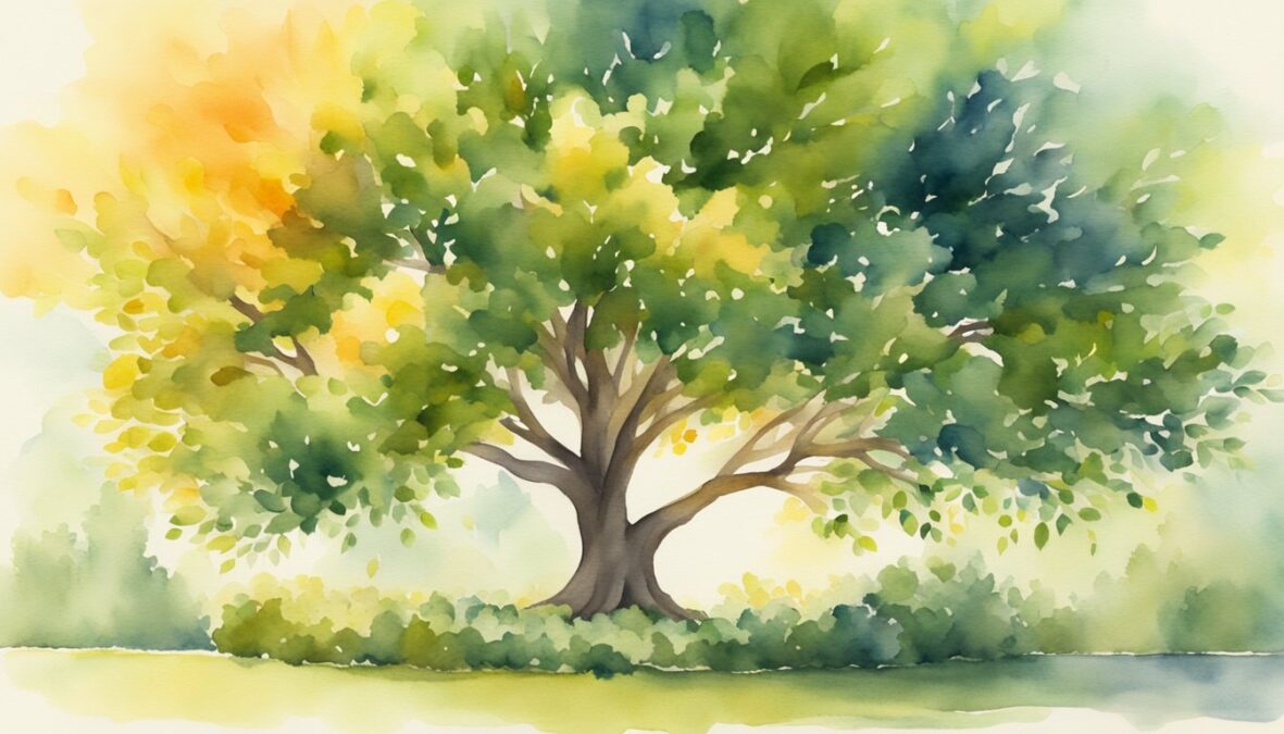 A tree with 108 vibrant leaves grows amidst a garden, symbolizing personal growth.</p></noscript><p>The sun shines down, casting a warm glow on the scene