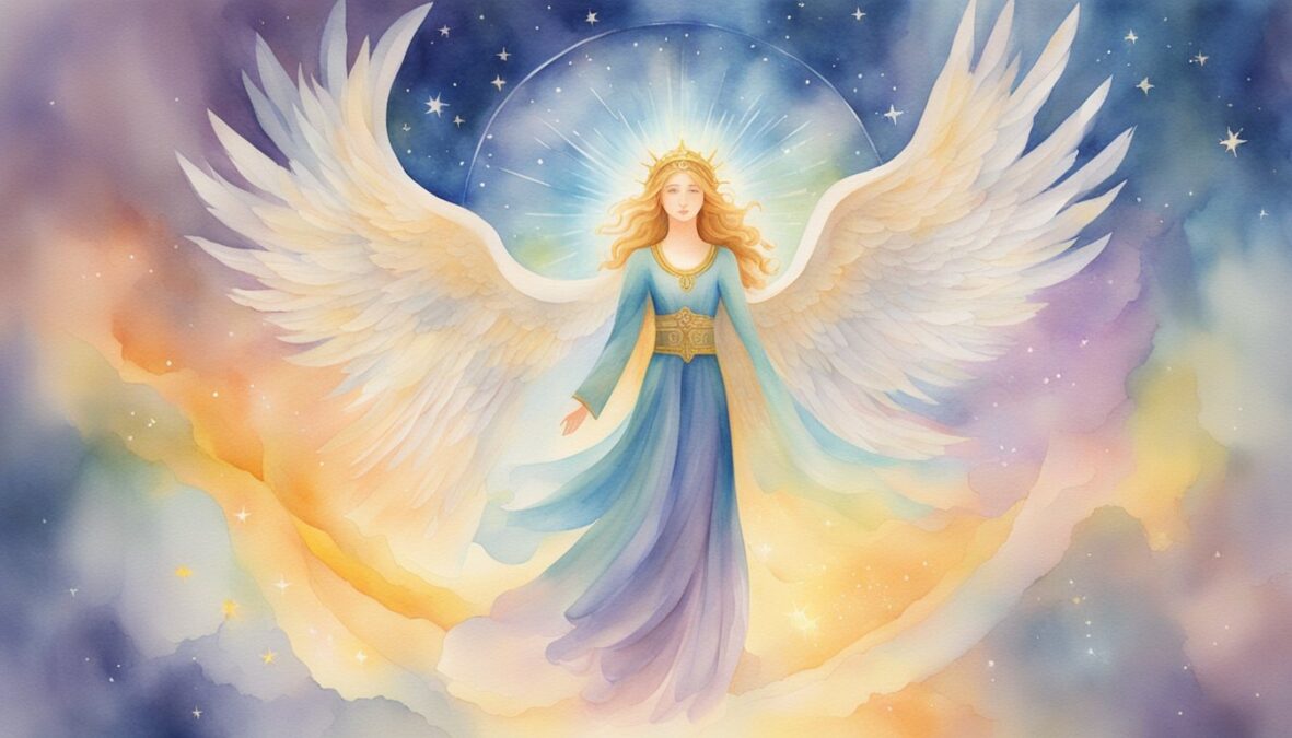 A radiant figure holds a glowing 1200 1200 angel number, surrounded by celestial light and symbols of divine guidance