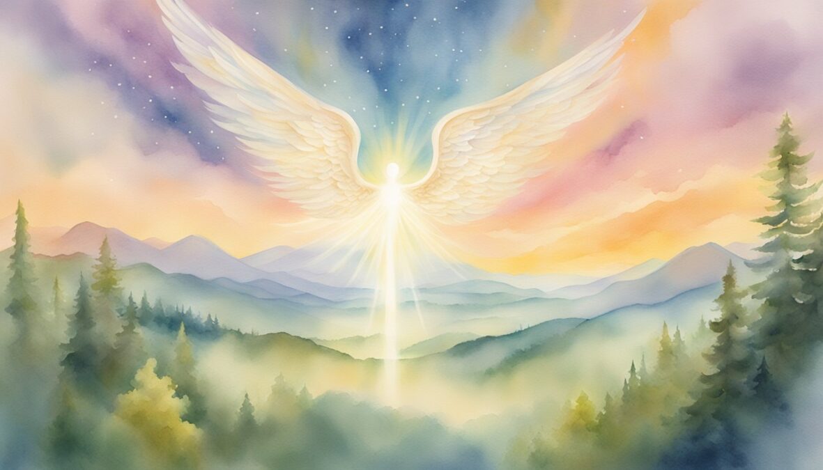 A glowing 1200 angel number hovers above a serene landscape, surrounded by celestial light and ethereal energy