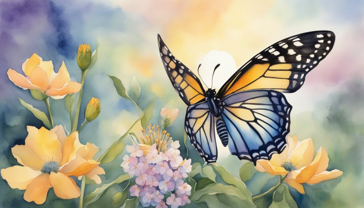 A butterfly emerging from a chrysalis, surrounded by blooming flowers and a rising sun