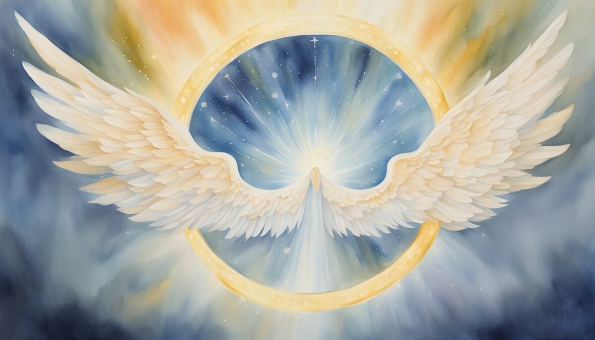 A glowing halo surrounds the numbers "1220" with angelic wings extending from each side, radiating a sense of peace and guidance