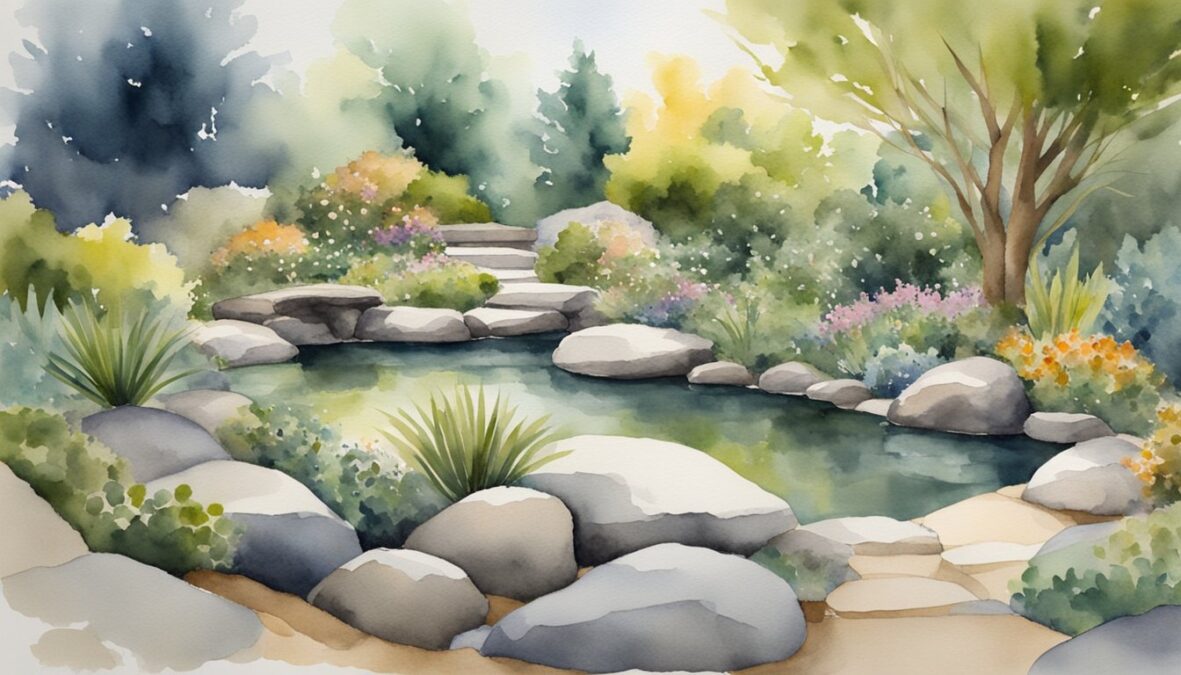 A serene garden with a balanced arrangement of rocks and plants, with a focal point such as a tranquil pond or a meditating figure