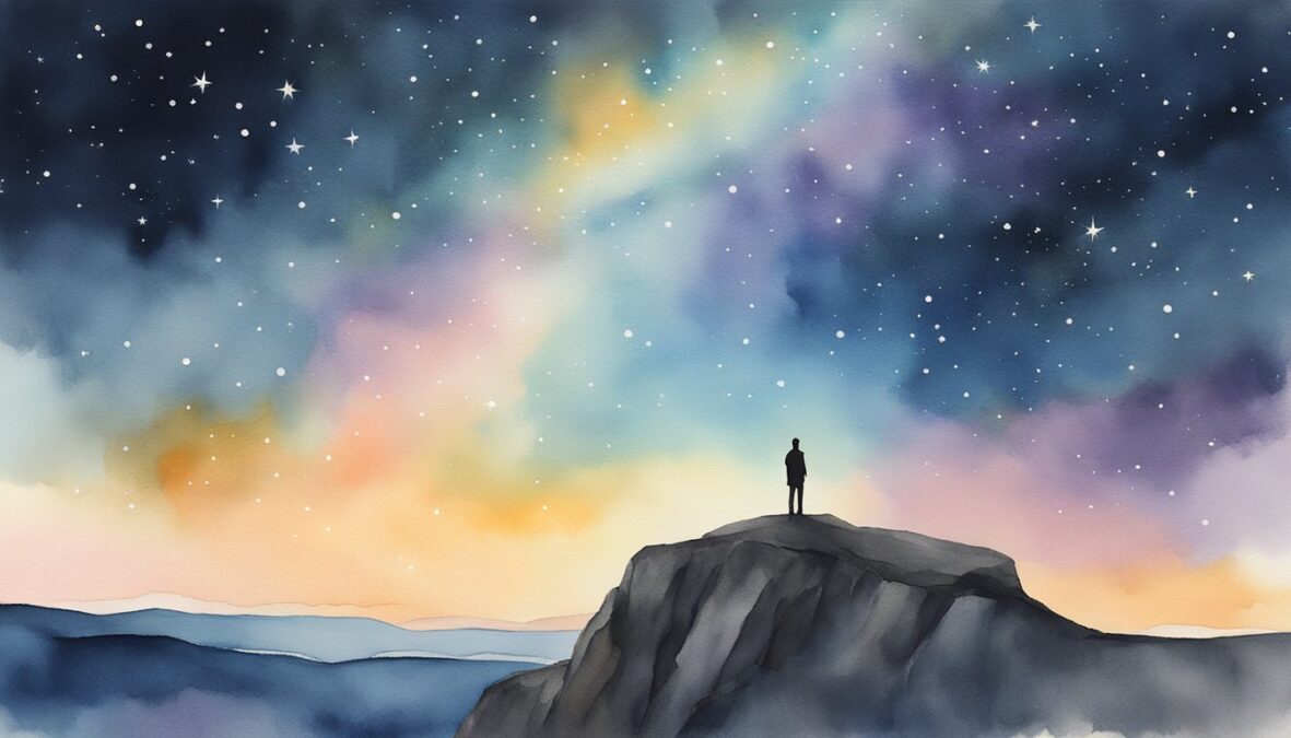 A lone figure stands on a cliff, gazing out at a starry sky.</p></noscript><p>A glowing 214 angel number hovers above, symbolizing courage and trust in the universe