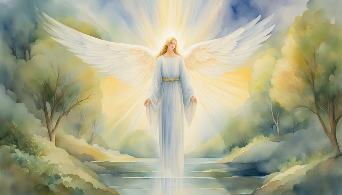 A glowing angelic figure hovers above a serene landscape, surrounded by beams of light and a sense of divine presence