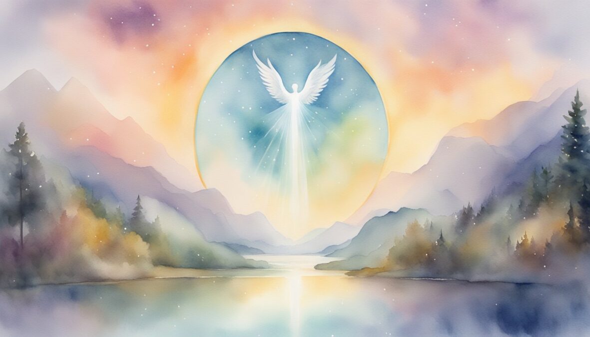 A glowing 277 angel number hovers above a serene landscape, radiating a calming energy and casting a soft, ethereal glow over the surroundings