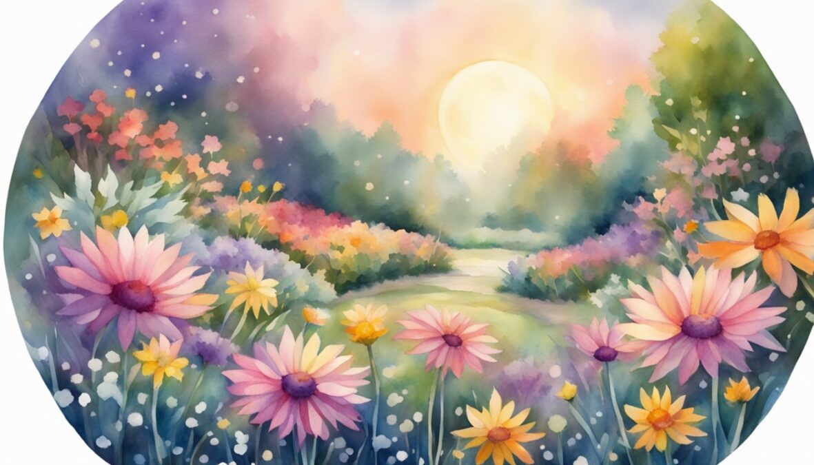 A garden blooming with vibrant flowers, surrounded by a circle of 277 shining stars, while a beam of light from the heavens illuminates the scene
