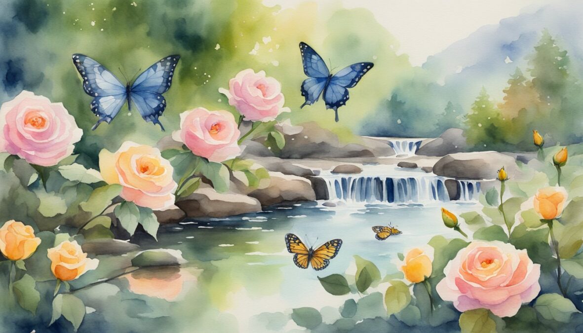 A serene garden with three blooming roses, surrounded by four fluttering butterflies, and a peaceful stream flowing through the background