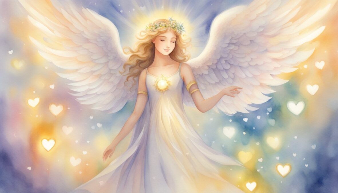 A glowing 3223 angel number surrounded by hearts and radiant light, symbolizing love and divine guidance