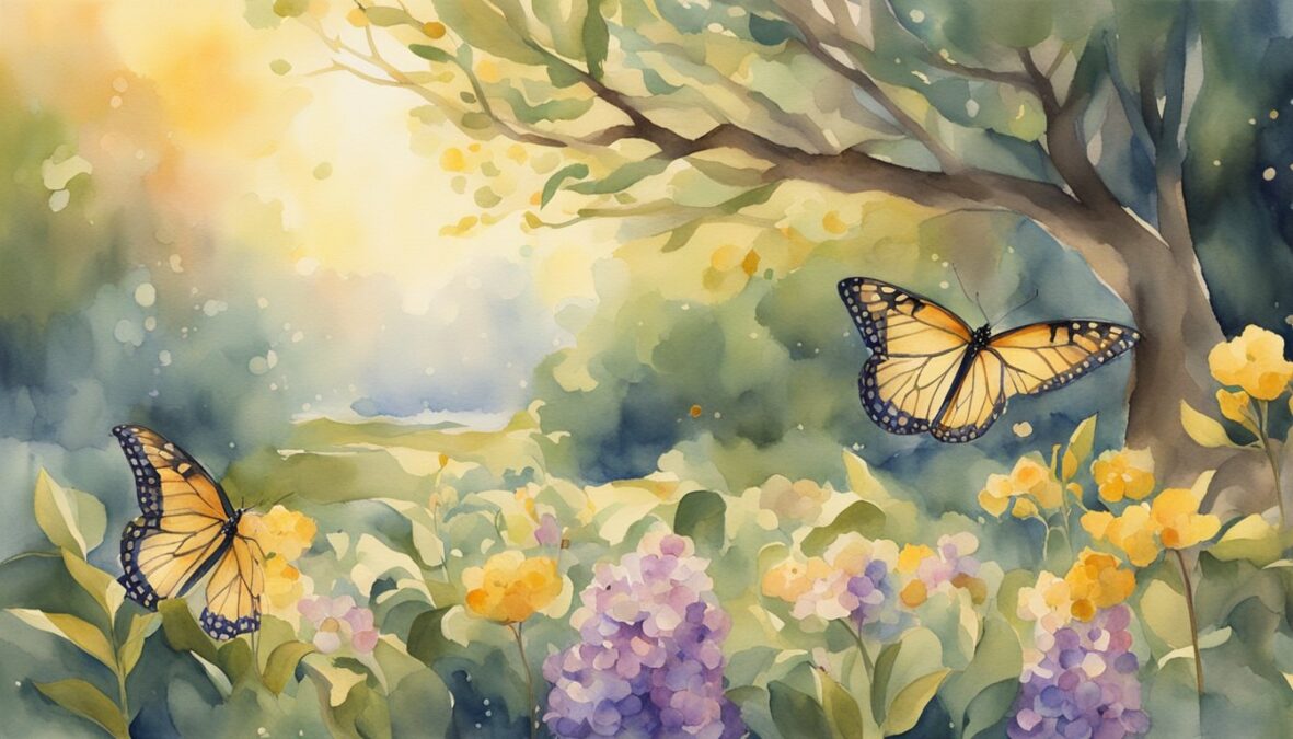 A garden with blooming flowers, a butterfly emerging from a cocoon, and a tree growing tall and strong, all surrounded by a soft, golden light