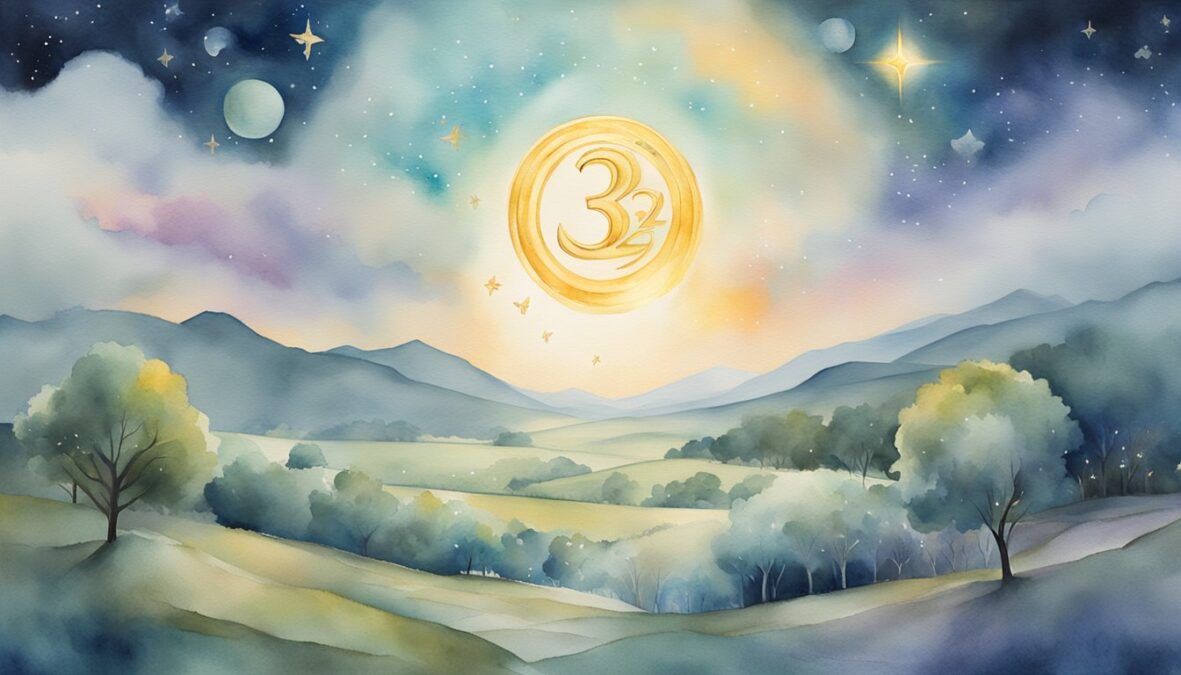 A glowing number "3223" hovers above a serene landscape, surrounded by celestial symbols and angelic imagery