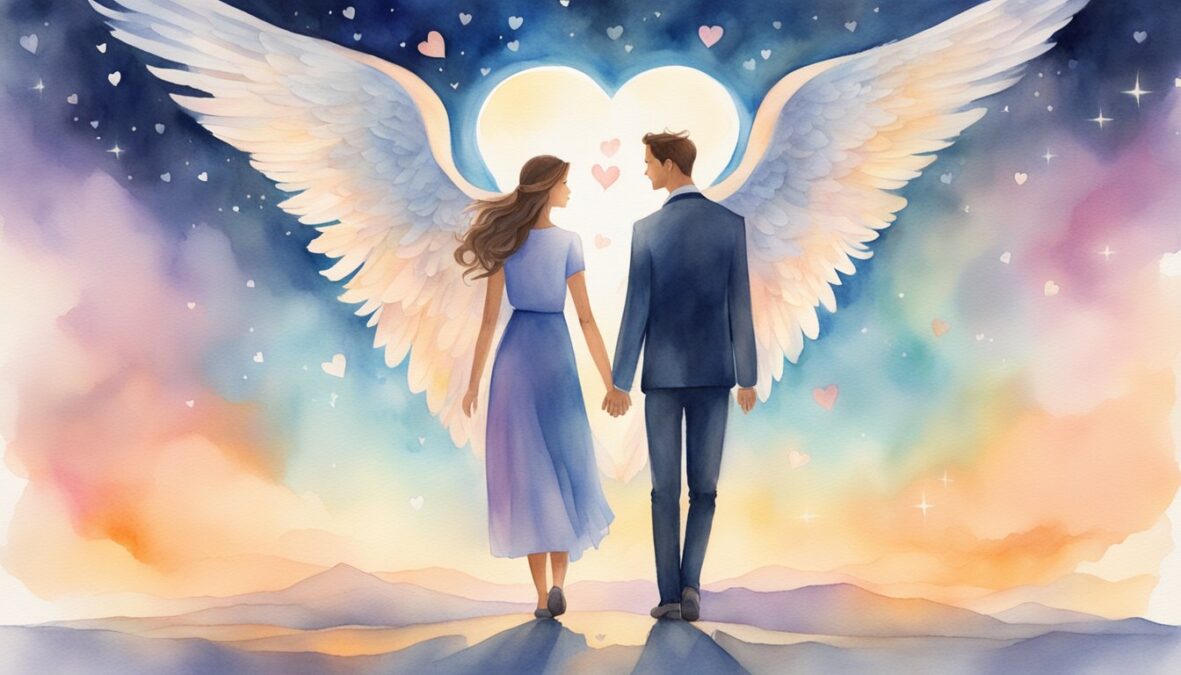 A couple stands beneath a glowing 3344 angel number, surrounded by hearts and a sense of harmony and connection