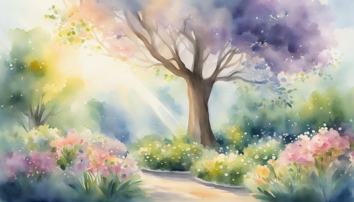 A garden with blooming flowers and a tree reaching towards the sky, surrounded by rays of light and a sense of tranquility