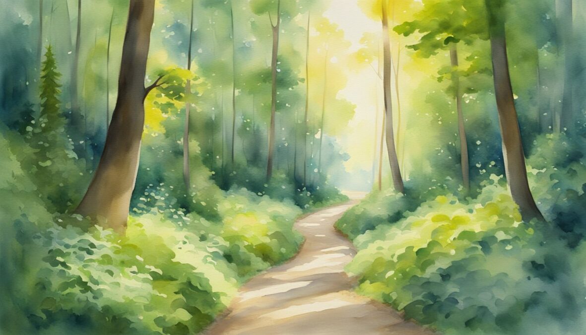 A winding path leads through a lush forest, with sunlight streaming through the trees.</p></noscript><p>A glowing 3388 angel number hovers above, radiating a sense of guidance and trust