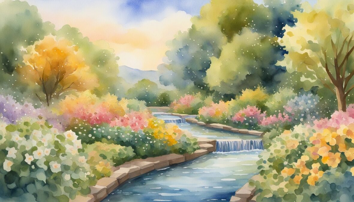 A lush garden with blooming flowers, overflowing fruit trees, and a stream of flowing water, surrounded by a golden glow with the numbers 446 appearing in the sky