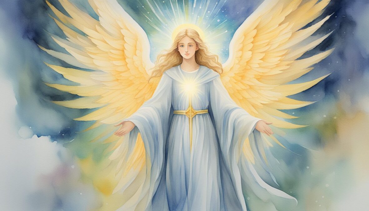 A glowing angelic figure stands beside the number 46, radiating guidance and wisdom