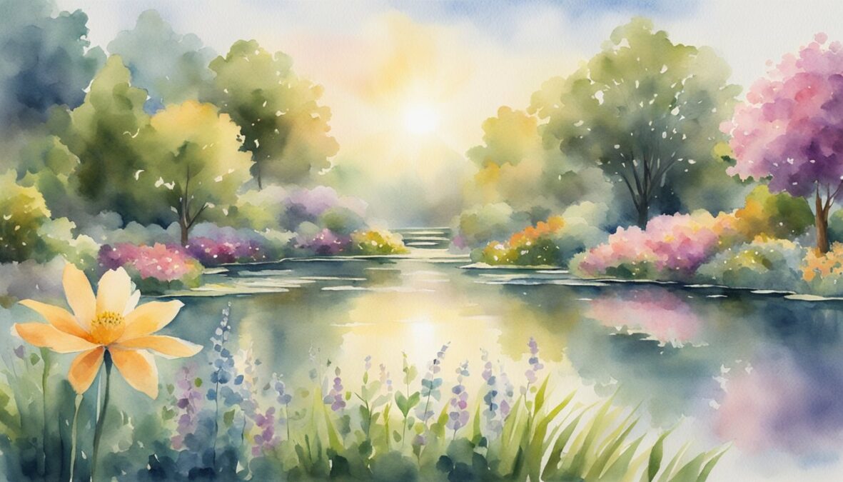 A serene garden with blooming flowers, a tranquil pond, and a radiant beam of light shining down from the sky, illuminating the number 557