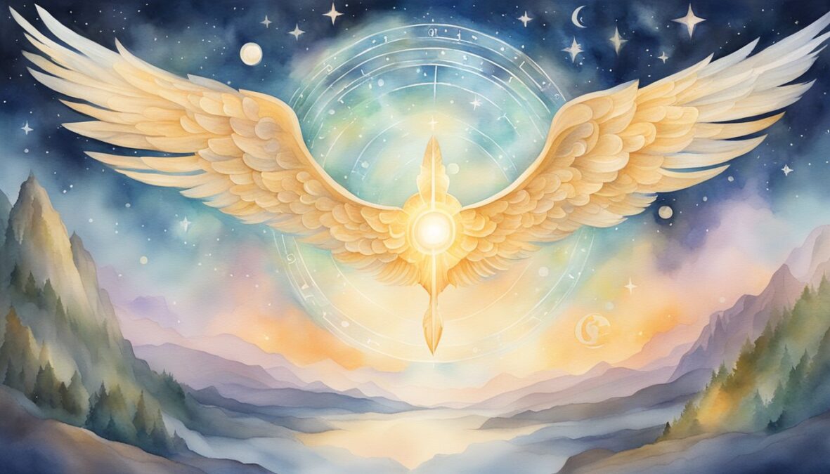 A glowing 557 angel number hovers above a serene landscape, surrounded by celestial symbols and a sense of peace and guidance