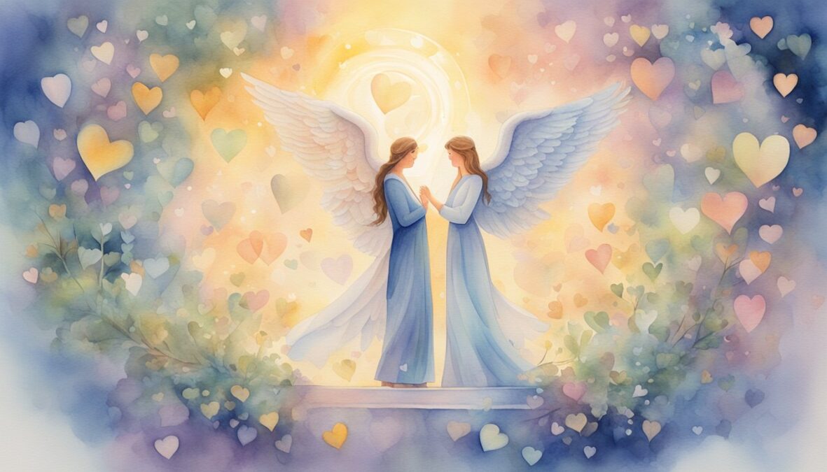 A couple stands beneath a glowing 559 angel number, surrounded by hearts and a sense of harmony