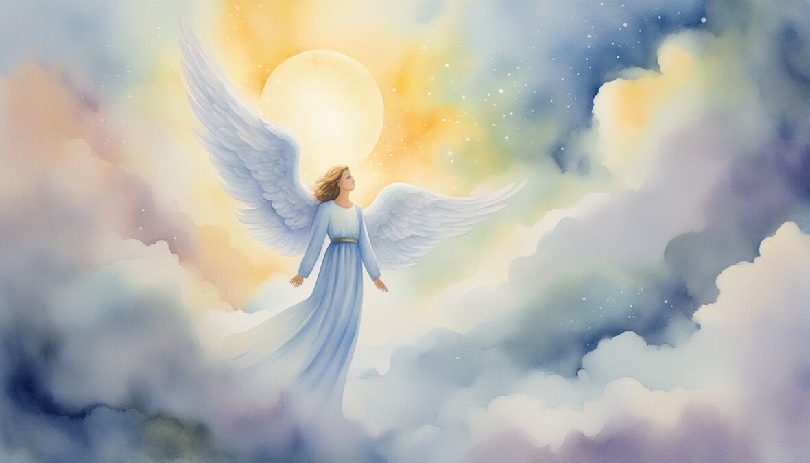 A glowing angel number 559 hovers above a serene landscape, surrounded by celestial light and peaceful energy