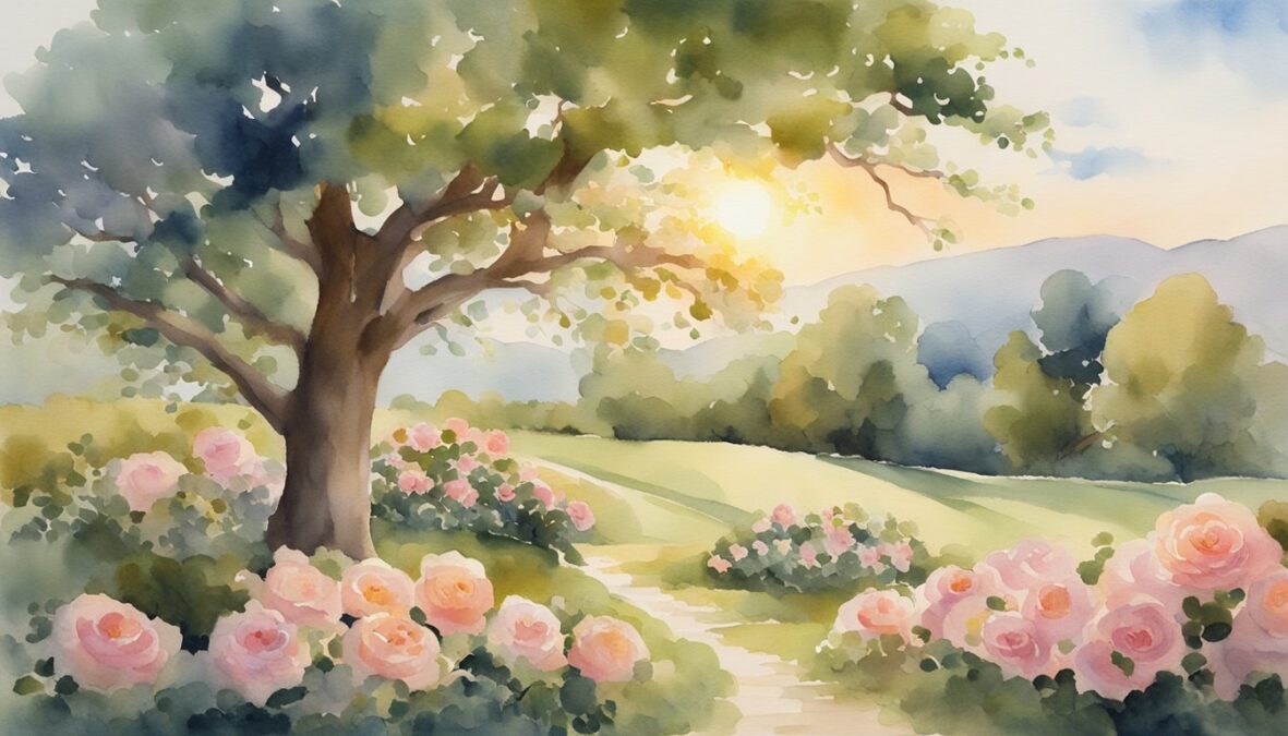 A serene garden with 7 blooming roses, 1 majestic oak tree, and 0 clouds in the sky.</p></noscript><p>The sun shines brightly, casting a warm glow over the scene