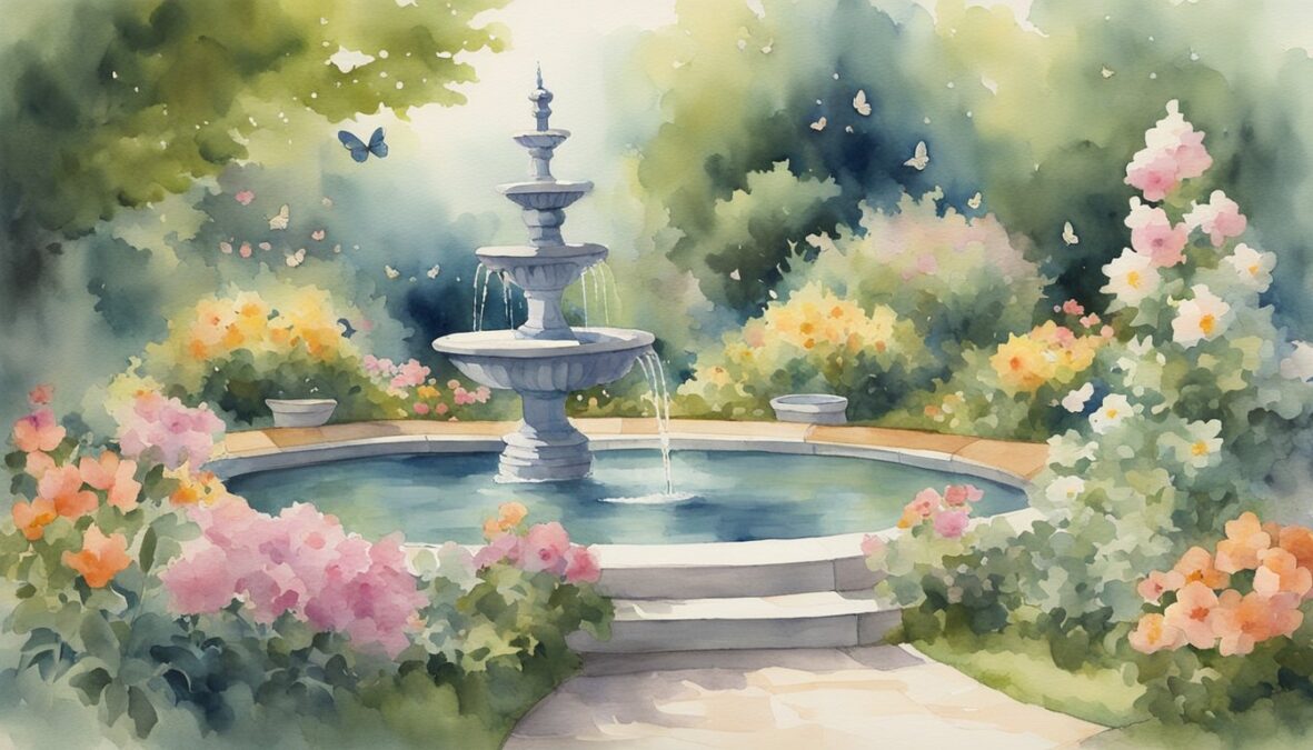 A serene garden with a fountain, surrounded by seven blooming flowers and ten fluttering butterflies.</p></noscript><p>The number 710 is subtly incorporated into the design of the fountain