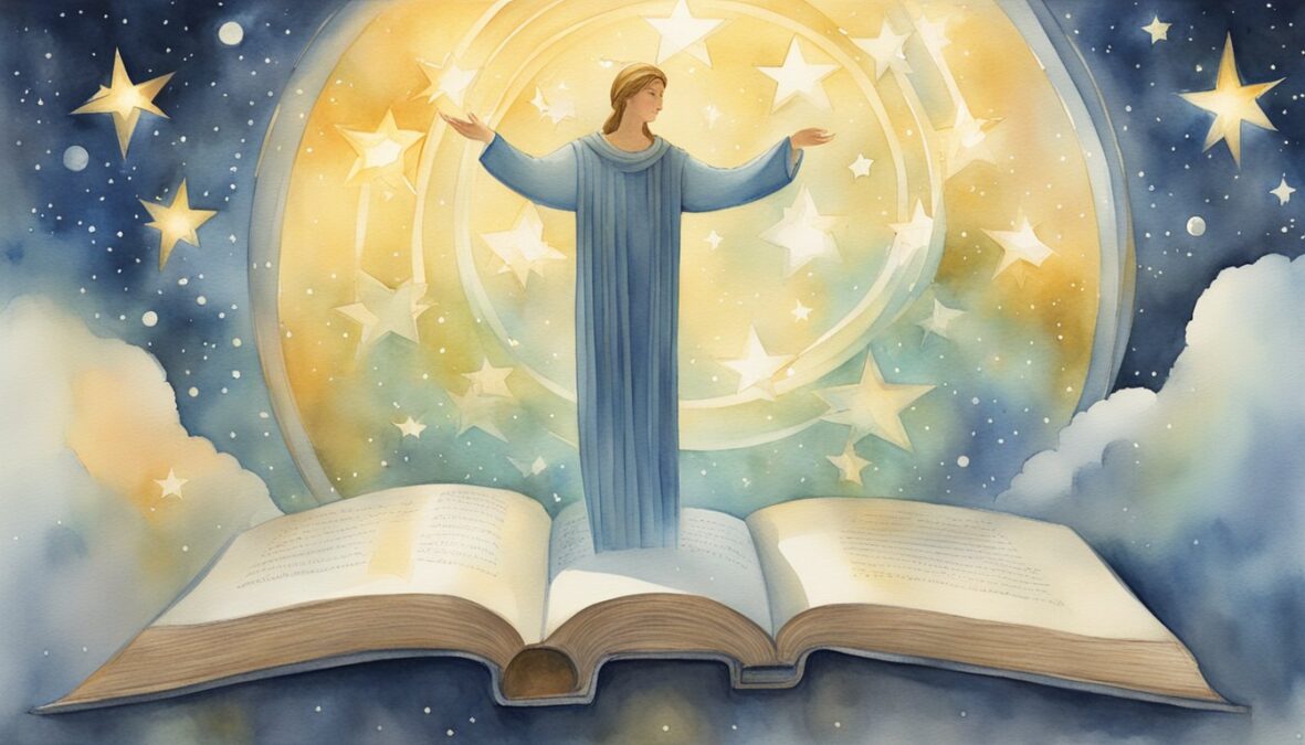 A glowing figure surrounded by seven stars, holding a book with the number 714 illuminated above them