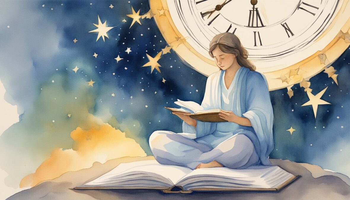 A serene figure meditates under a glowing halo, surrounded by seven stars and a clock showing 7:14.</p><p>An open book and pen sit nearby