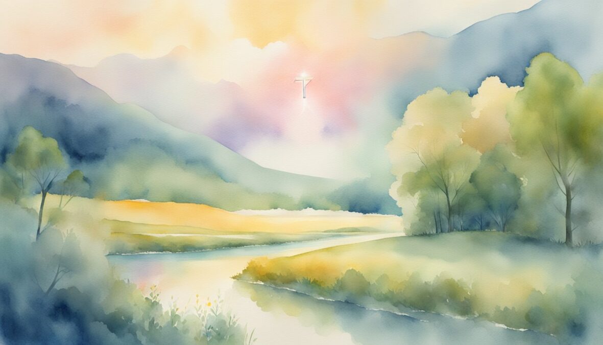 A glowing number 714 hovering above a serene landscape with angelic figures in the background
